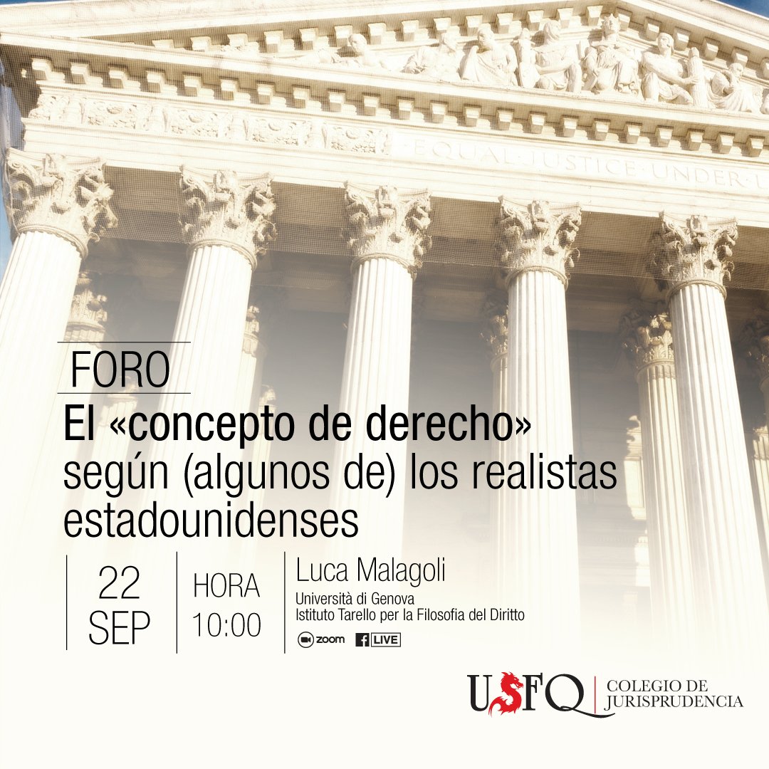 USFQ_Derecho's tweet photo. Luca Malagoli hablará del debate en torno al concepto d derecho desde el punto de vista de los realistas jurídicos estadounidenses. Análisis q tiene relevancia filosófico-jurídica y q aporta al debate en términos de la historia de la cultura jurídica.
ℹ️ https://t.co/gy499Wscln https://t.co/zs8UuENVRd