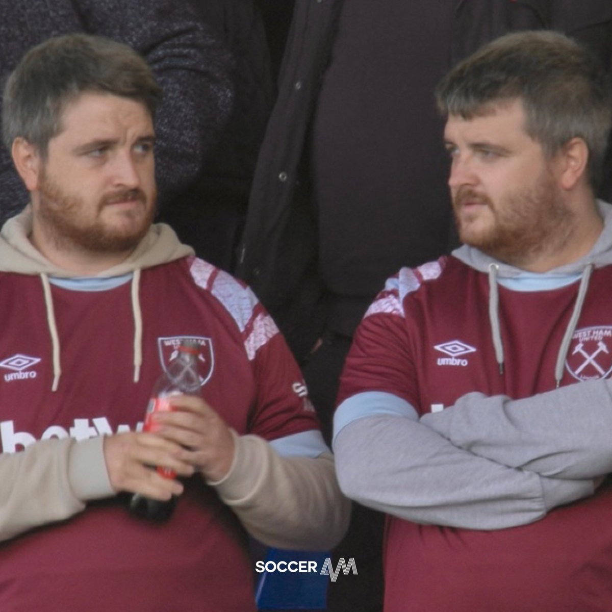 SoccerAM's tweet photo. ⚠️ We are looking for these two West Ham fans ⚠️

Please could they get in touch by emailing socceram@sky.uk or by replying below 👇 https://t.co/lV1A1sbF8x