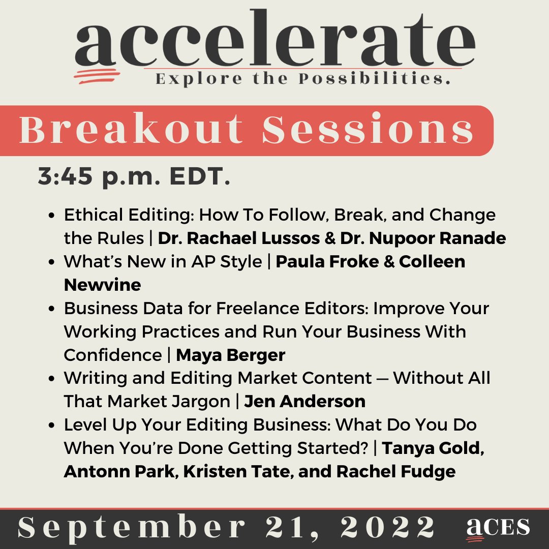 ACESEditors's tweet photo. Day 1 of #ACESAccelerate is flying by. How is everyone doing?

Be sure to refill your water and take a short break to refuel for the afternoon! 

Swipe to see the 2 p.m. and 3:45 EDT Breakout Sessions. https://t.co/gYfrb1zjDQ