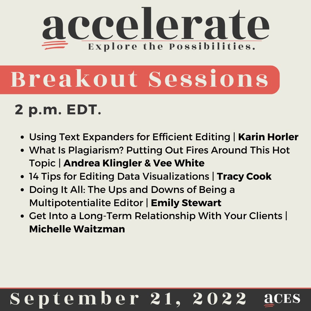 ACESEditors's tweet photo. Day 1 of #ACESAccelerate is flying by. How is everyone doing?

Be sure to refill your water and take a short break to refuel for the afternoon! 

Swipe to see the 2 p.m. and 3:45 EDT Breakout Sessions. https://t.co/gYfrb1zjDQ