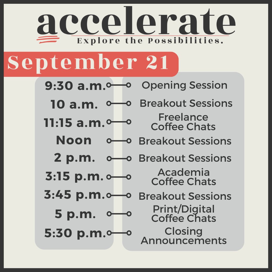 ACESEditors's tweet photo. Day 1 of #ACESAccelerate is flying by. How is everyone doing?

Be sure to refill your water and take a short break to refuel for the afternoon! 

Swipe to see the 2 p.m. and 3:45 EDT Breakout Sessions. https://t.co/gYfrb1zjDQ