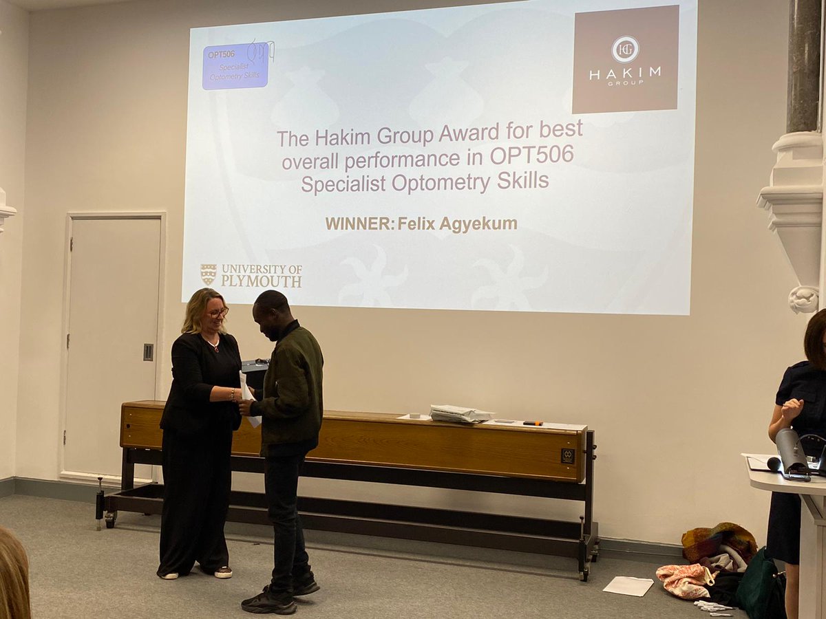 PlymOptometry's tweet photo. The @TheHakimGroup award for best performance in Year 2 Specialist Skills (Contact lens and Visual Perception) #OptometryInduction https://t.co/Xjg0ZomliM