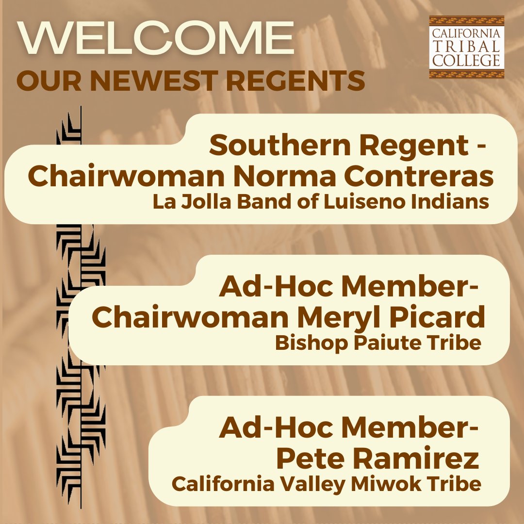 CATribalCollege's tweet photo. We are happy to welcome our new Regents to the team! We are honored to now have 11 tribal leaders, 6 tribal chairs, and 65 leadership tribes. https://t.co/sptLSfu1FE