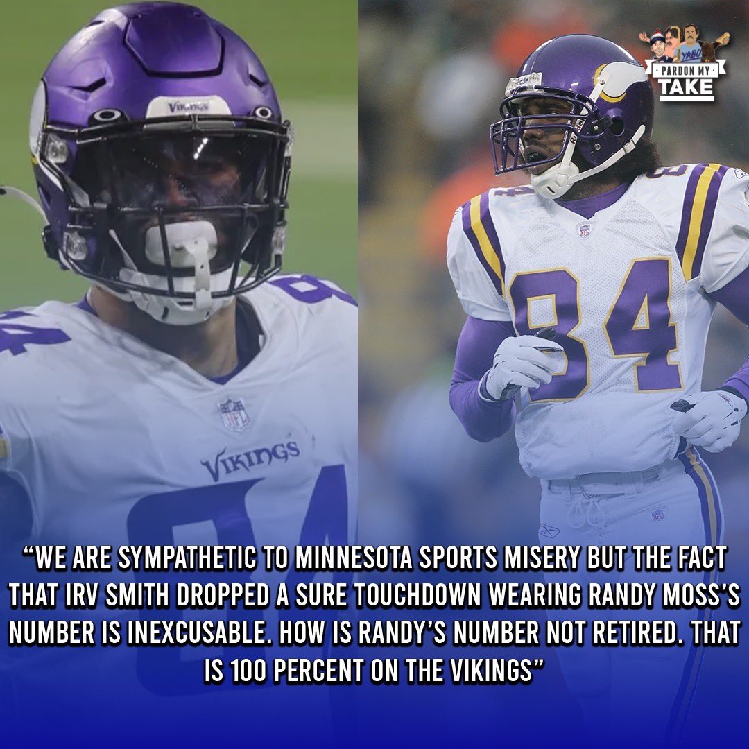 BarstoolBigCat's tweet photo. The fact that Irv Smith wears Randy Moss’s number is a travesty. Do the right think Vikings https://t.co/dnAte5TfjS