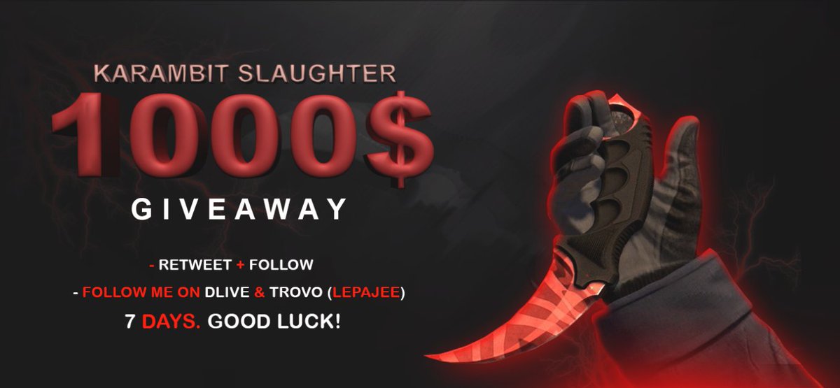Lepajee's tweet photo. $1000 Crypto or Karambit | Slaughter - Giveaway

Retweet &amp; Tag 2 friends
Follow me on:
https://t.co/LQLvasGBD2
https://t.co/7uKceA6jUi
(PROOF)

7 days.
Good Luck https://t.co/KK9dZHuRMk