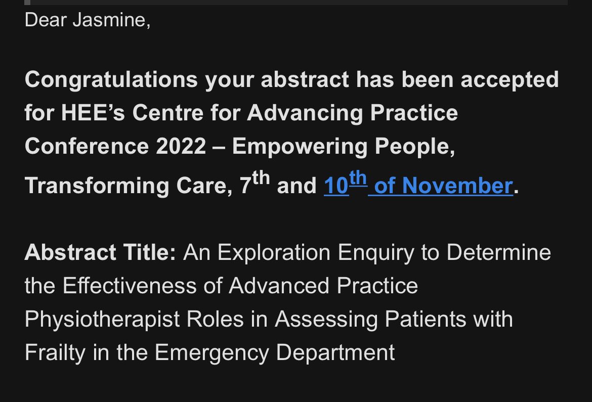 Silver lining to an otherwise challenging day.. proud that my abstract has been accepted! #advancedpractice #frailty #acps #ahps #physio