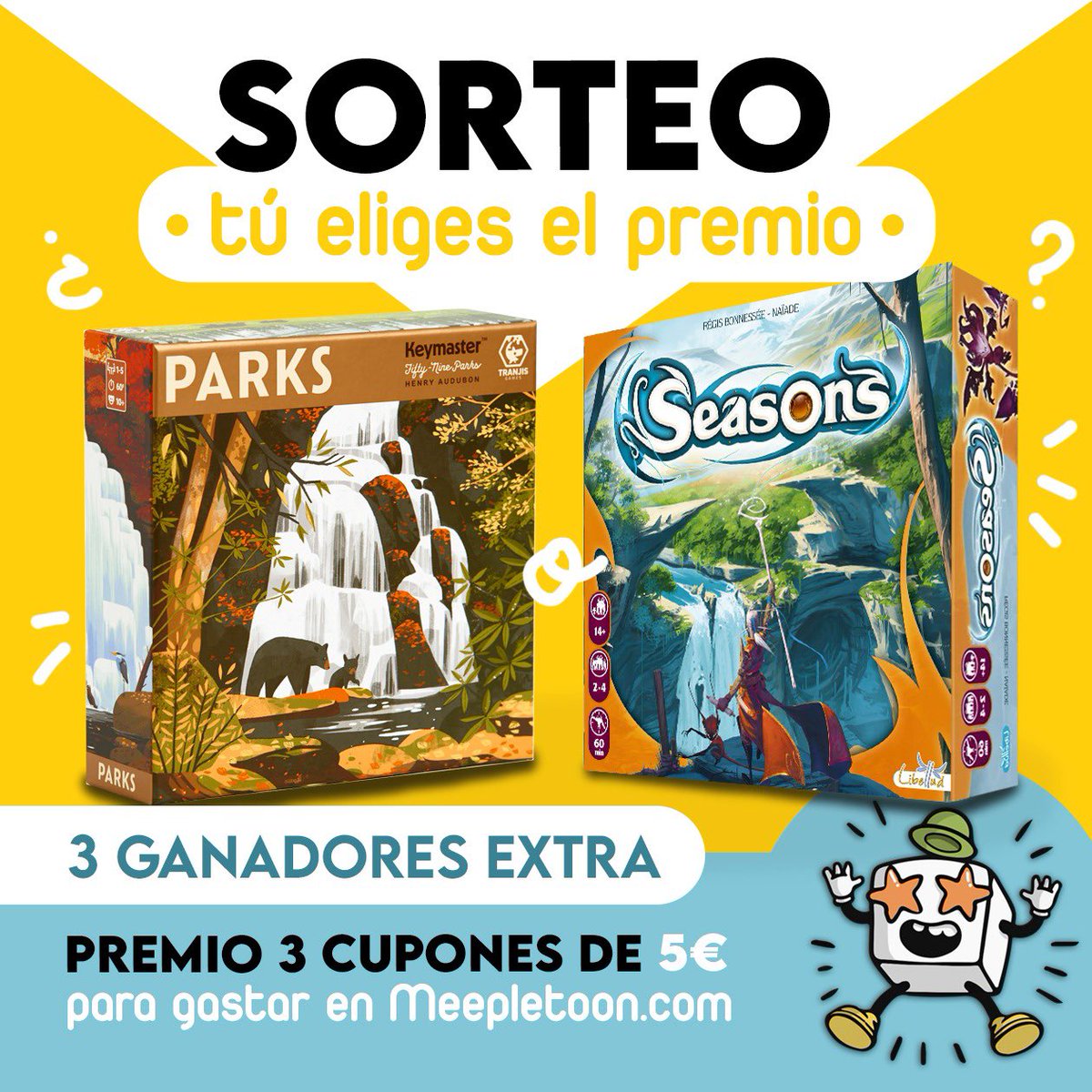 🌟SORTEO🌟 Tú eliges el premio. ¿Parks o Seasons?

Además 3 ganadores extra con 3 cupones de 5€ 💛

Para participar:
🔸Ser nuestro seguidor. 
🔸Retweet a la publicación = 1 participación.

🔸Si haces un pedido en la web = 5 participaciones extra. meepletoon.com