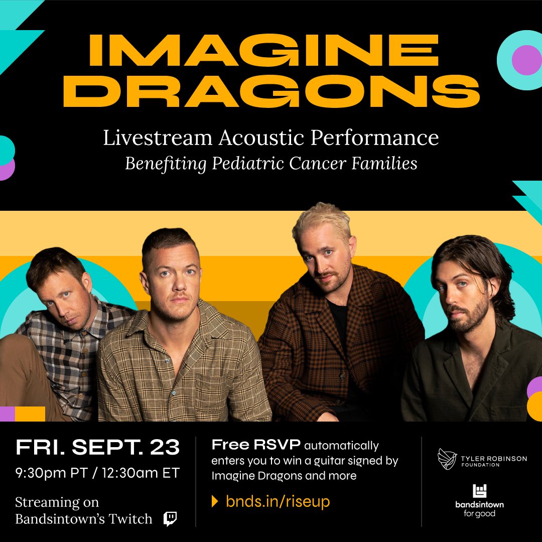 Imaginedragons's tweet photo. the @trfdotorg’s gala is our favorite night of the year, and also our most unplanned concert. we will be streaming it live on @bandsintown's Twitch Friday

RSVP now &amp; you will automatically enter to win a signed guitar + a TRF merch pack: visiting https://t.co/nGdexO4G1J https://t.co/tSnvrg14Ym
