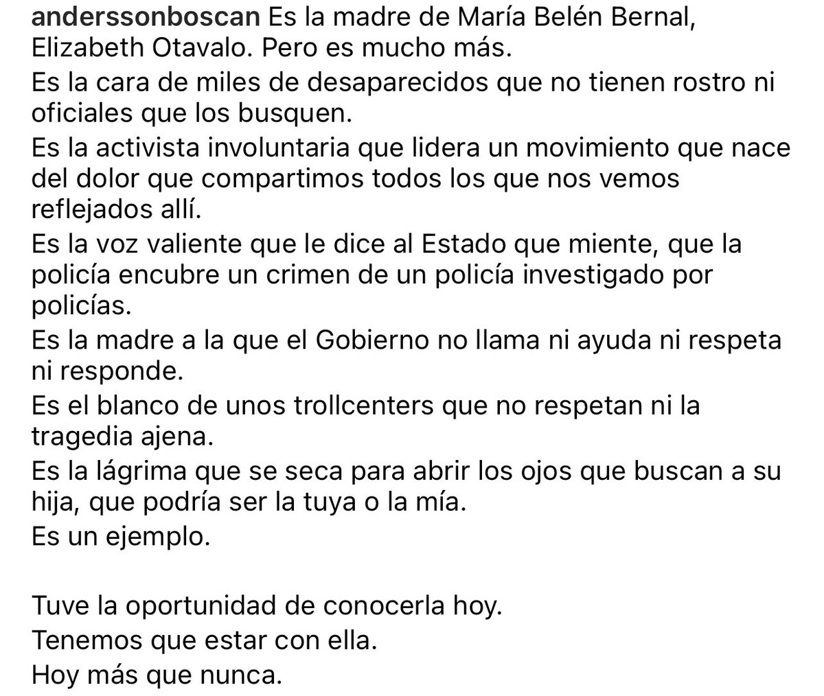 AnderssonBoscan's tweet photo. Elizabeth Otavalo no es una desestabilizadora, es una madre que busca a su hija, quien entró a una institución del Estado y no salió. 

El Gobierno la ha abandonado a su suerte, pero la sociedad civil está con ella. No está sola. #MariaBelenBernal https://t.co/qOQ8XPZDnt
