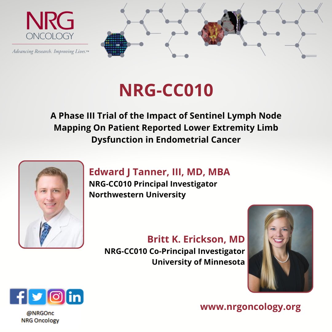 NRGonc's tweet photo. Protocol Activation! NRG-CC010: A Phase III Trial of the Impact of Sentinel Lymph Node Mapping On Patient Reported Lower Extremity Limb Dysfunction in #EndometrialCancer. Documents for this study are posted on @TheCTSU. @edtanner  @bicyclebritt 
 https://t.co/7CZvAMlj89 https://t.co/9W3jLKMIwz