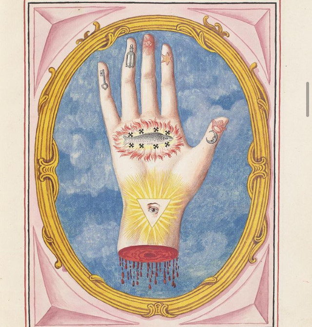 VManuscripts's tweet photo. La mano de los Misterios. En ella se encuentran encerrados todos los secretos, cada dedo representa un estadio en la iniciación. A muchos os resultará familiar gracias a la imaginería #masona . Proviene de un fabuloso tratado #alquímico en #JohnRylandsLibrary, German Ms. 3. https://t.co/Yu9qaAM6YP