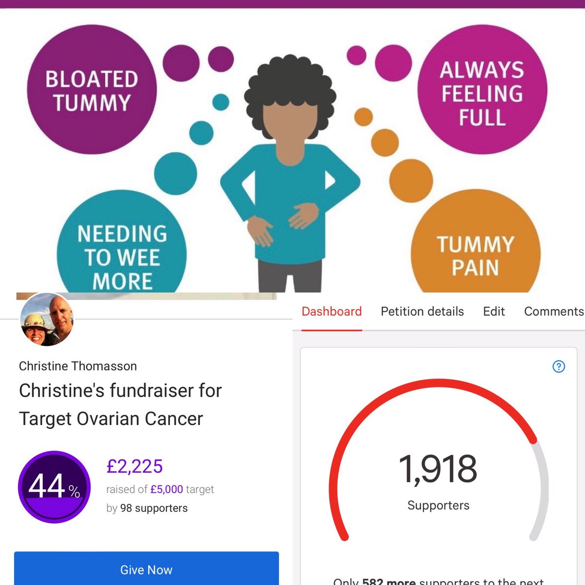 Still trying to raise awareness about #ovariancancer  <a href="/TargetOvarian/">Target Ovarian Cancer</a> 
 Find links to my petition and <a href="/justgiving/">JustGiving</a> fundraiser on Facebook .
Thank you for signing &amp; sharing and donating 🙏