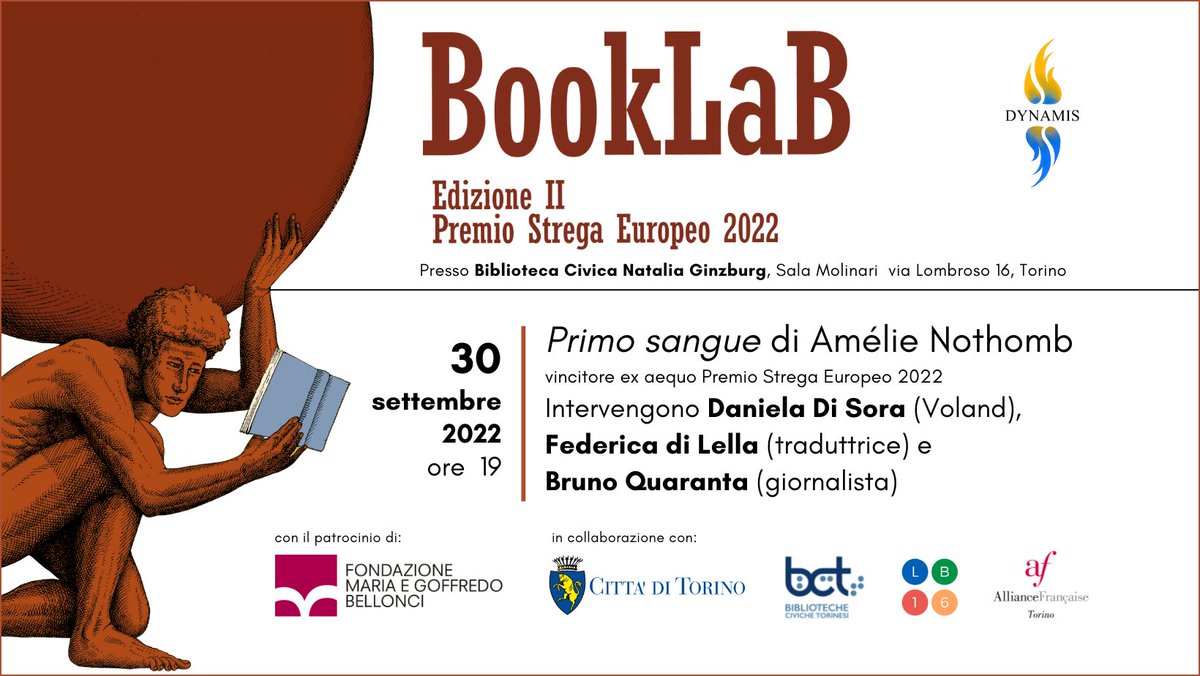 dynamis_aps's tweet image. 📅 30/09 ore 19 📍Biblioteca Civica Ginzburg
Inaugurazione #BookLab II edizione!
"Primo sangue" di Amélie Nothomb

Intervengono Daniela Di Sora (direttrice editoriale Voland), Federica Di Lella (traduttrice) e Bruno Quaranta (giornalista e scrittore)
➡️fb.me/e/2Eyz3M79r