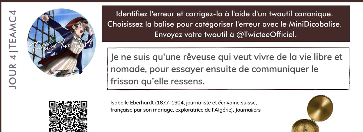 "Je ne suis qu'une rêveuse qui veut vivre de la vie libre et nomade, pour essayer (...) de communiquer le frisson qu'elle ressenT." <a href="/TwicteeOfficiel/">TwictéeOfficiel</a> #RallyeTwoutil14 Le verbe "RESSENT" s'écrit avec un T au présent, car son  sujet «elle» est à la troisième personne. #Conjugaison