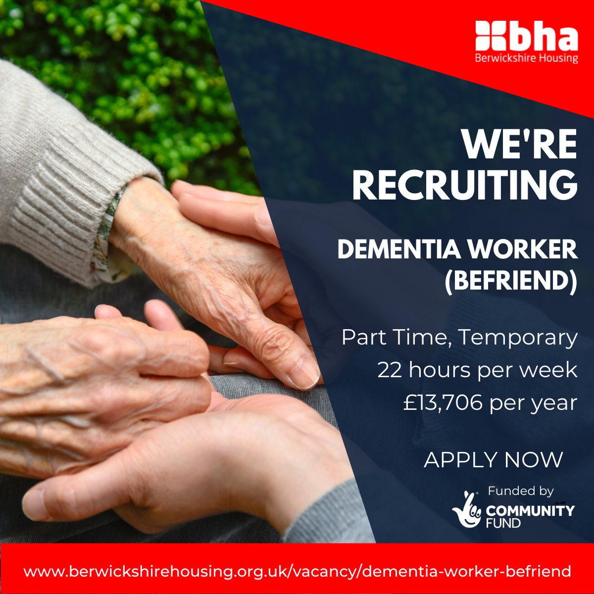 📌 Job Opportunity 📌

Fancy a career that makes a real difference? We have an opportunity for you!

We are looking for a passionate individual to come and join our BeFriend team as a Dementia Worker.

To find out more visit:  ow.ly/ktvy50KPul8

#BerwickshireHousing #BHA