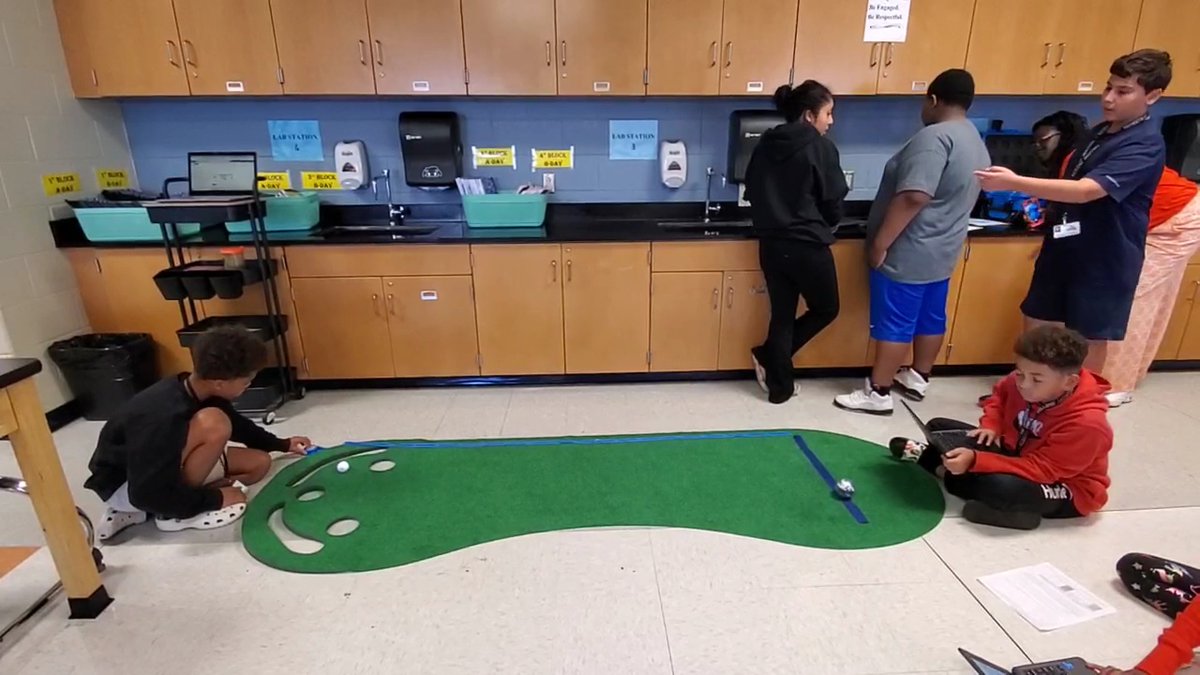 MrsAPursley's tweet photo. This lesson is my JAM! After collaborating w/ Dr. McGuire, we had students investigate the impact of speed, mass, &amp; distance on potential/kinetic energy using @SpheroEdu Bolts, minis, and ramps, bridges, &amp; a golf mat. @glenview_middle #GMSbuzz @a5disteam #a5EDventure #A5Pillars https://t.co/bqoamdZfHs