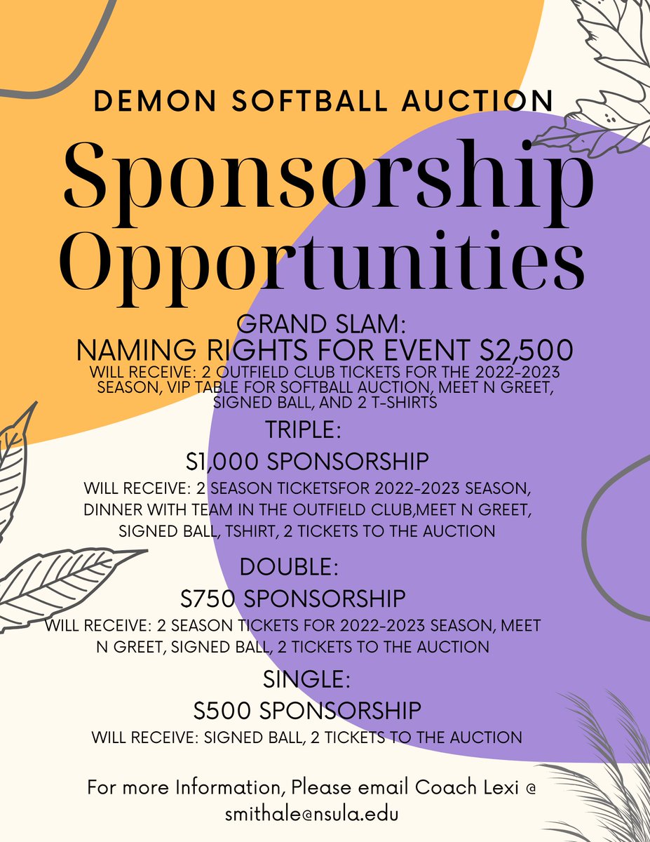 Demon fans!!! Don’t miss out on our 8th annual softball auction!! We would love to see you on December 2nd. 
Can’t make the auction? Sponsorship opportunities are available! Contact coach Lexi @ smithale@nsula.edu to buy tickets, VIP tables, or to donate! 
#ForkEm