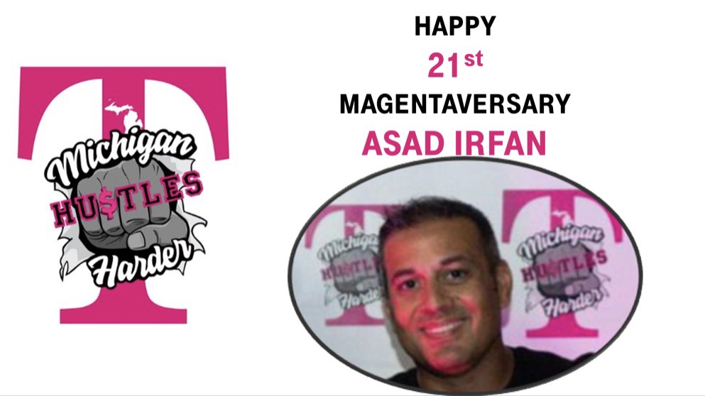 Happy Magentaversary #bossman you have impacted so many in 21 years! Michigan is lucky to have you! <a href="/asadirfan/">Asad Irfan</a> #watchASADhustle
<a href="/AliciaMagenta6/">Alicia R</a> @magentamillz <a href="/MsAbbylicious/">Abby Skewes</a> @MckenneySarita @risto_uncarrier <a href="/y28d28/">Yanna Davidov</a> @Alma_VazquezMI <a href="/DoreenDore/">Doreen Dore</a>