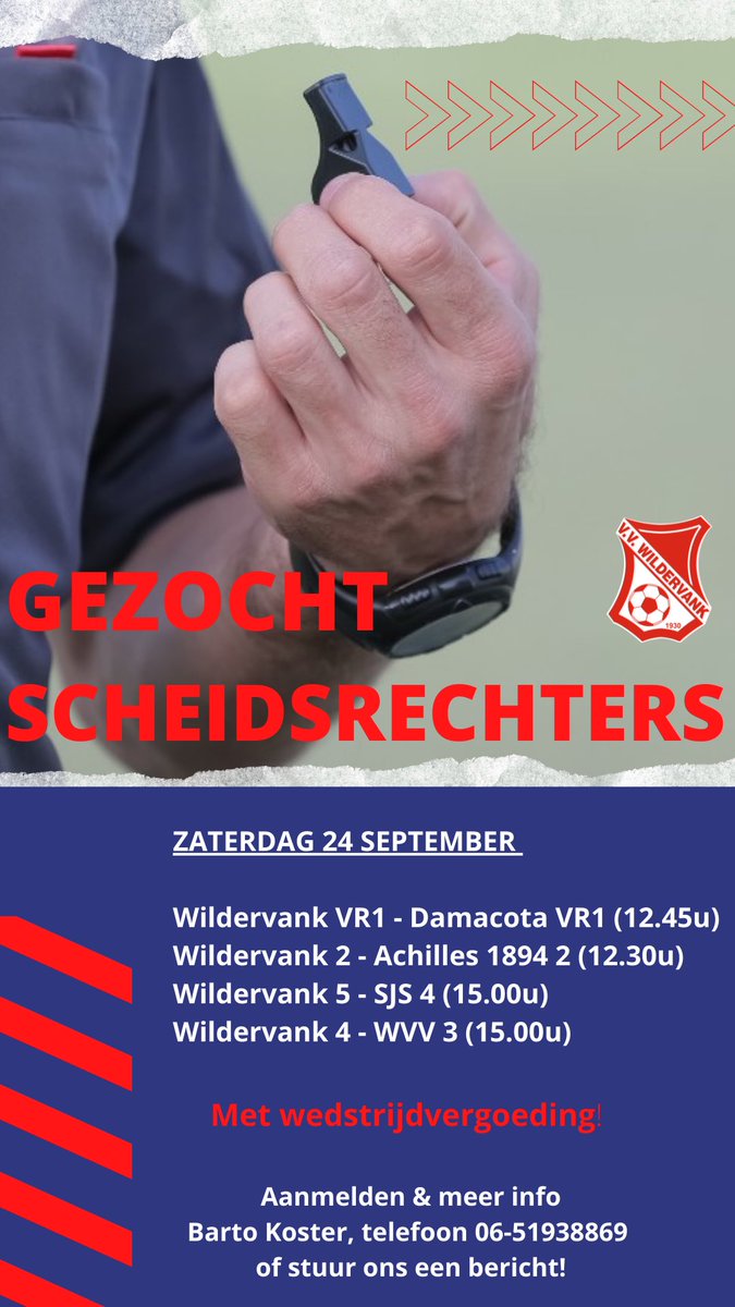 FreddyPlat's tweet image. Scheidsrechters gezocht ⚽️?! Wie o wie helpt vv Wildervank uit de brand?