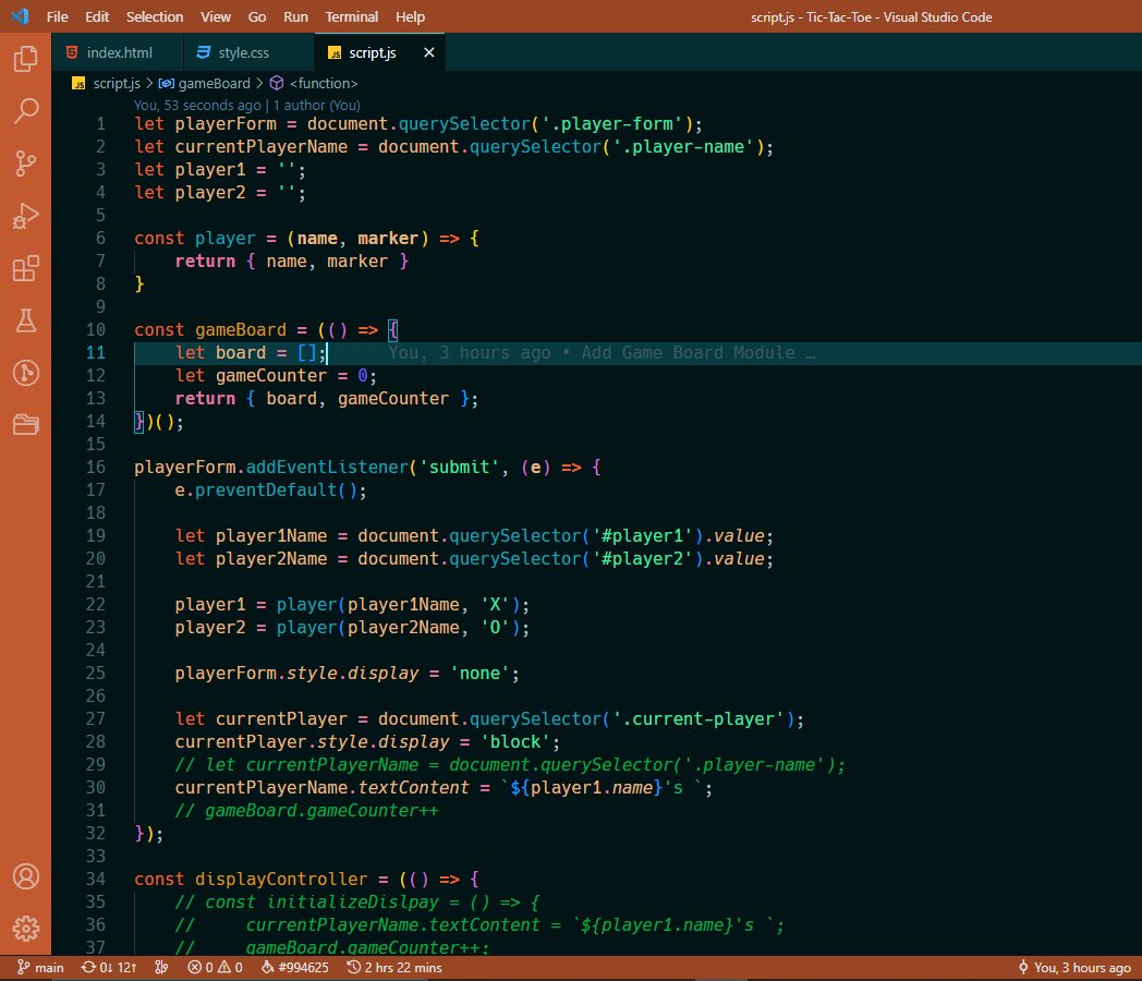 QueueElTee's tweet photo. Day 54:

🔶 ORGANIZING JAVASCRIPT CODE → Tic Tac Toe Project:
🔹Added a form for player names.
🔹Started working on the JavaScript logic.

#TheOdinProject #100DaysOfCode #javascript https://t.co/yLelhd5xsm