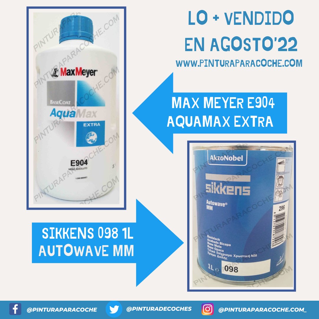 PinturaDeCoches's tweet photo. 🔝🔝 LO MÁS VENDIDO EN AGOSTO 2022 ➡️ SIKKENS & MAX MEYER.
💻 https://t.co/kiSfNI7IGY
🔝SIKKENS 098 Autowave 1ltr.
💻 https://t.co/WhisyLz3CB
🔝Max Meyer E904 Aquamax Extra 2ltr.
📩 contacto@pinturaparacoche.es
#septiembre #finverano #pinturaparacoche #lomasvendido #topventas https://t.co/VeY3Zti4pZ
