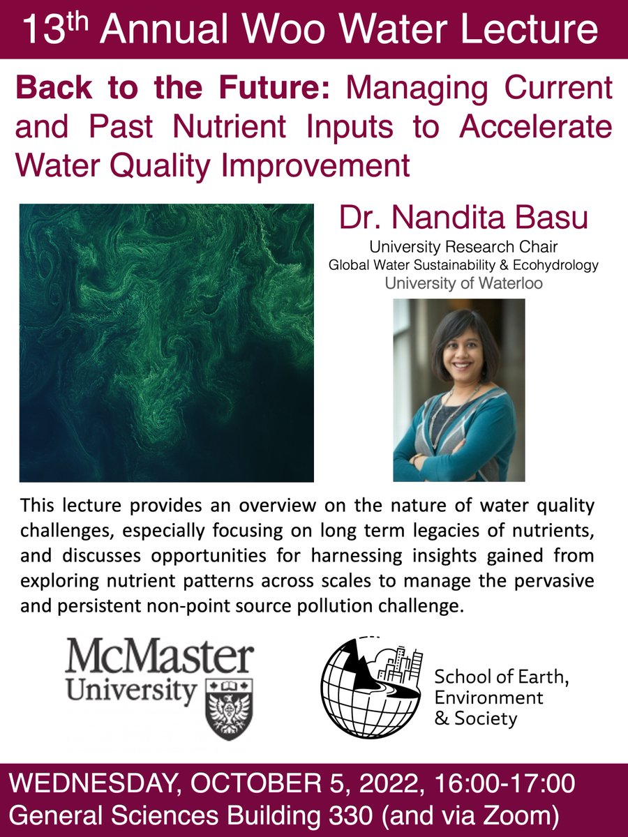 Mike Waddington (@peatofmind) on Twitter photo Join us in two weeks for the 13th Annual <a href="/McMasterSEES/">McMaster SEES</a> Woo Water Lecture !
Dr. Nandita Basu (University Research Chair, Global Water Sustainability and Ecohydrology, University of Waterloo) <a href="/nanditabasu2/">Nandita Basu</a>
In person (GSB-330) or via Zoom (link coming soon)
<a href="/McMasterScience/">McMaster Faculty of Science</a> Join us in two weeks for the 13th Annual <a href="/McMasterSEES/">McMaster SEES</a> Woo Water Lecture !
Dr. Nandita Basu (University Research Chair, Global Water Sustainability and Ecohydrology, University of Waterloo) <a href="/nanditabasu2/">Nandita Basu</a>
In person (GSB-330) or via Zoom (link coming soon)
<a href="/McMasterScience/">McMaster Faculty of Science</a>