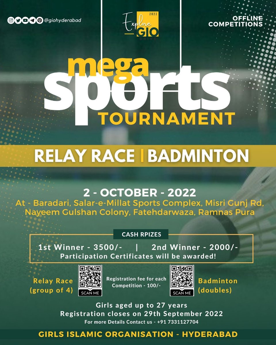 GIOHyderabad's tweet photo. Buckle up for Hyderabad's biggest and most awaiting Sports Tournament
Register your team now..!!
On - 2nd October 2022
At - Baradari, Salar-e-Millat Sports Complex
For details contact :- +91 7331127704
#KnowGIO #ExploreGIO #GIOHYD https://t.co/CaYM9r1Yvr