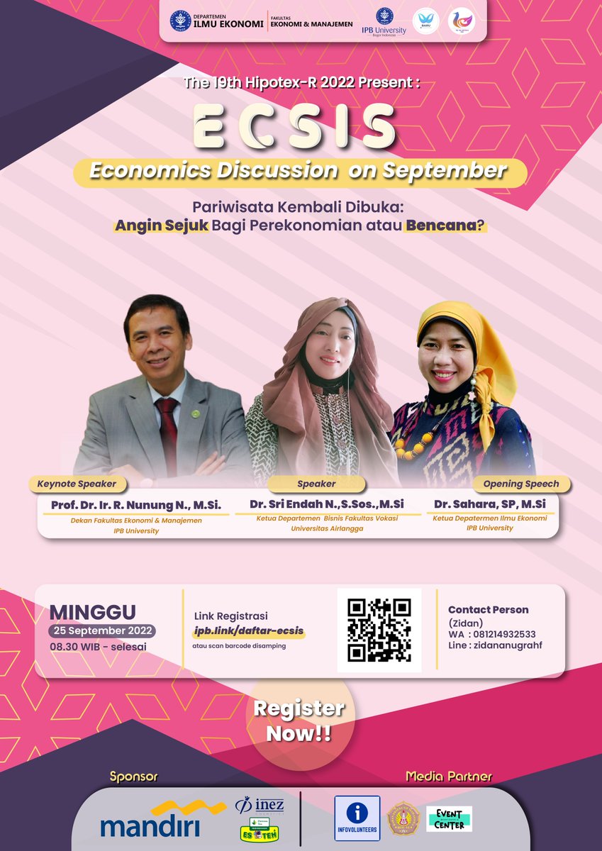 Hipotexripb's tweet photo. [Economics Discussion on September The 19th HIPOTEX-R] 

Hello Young Economist!

Economics Discussion on September (Ecsis) adalah forum diskusi ekonomi yang bertujuan untuk menampung aspirasi baik pro maupun kontra dari peserta yang merupakan mahasiswa dari berbagai universitas https://t.co/wt7EVXDELc