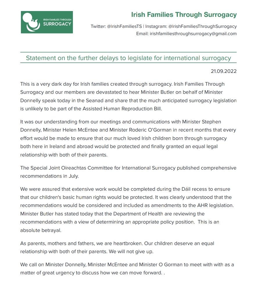 IrishFamiliesTS's tweet photo. Our response to today's distressing news from @roinnslainte @MaryButlerTD @DonnellyStephen #nomoredelays https://t.co/zhrWwyBId1