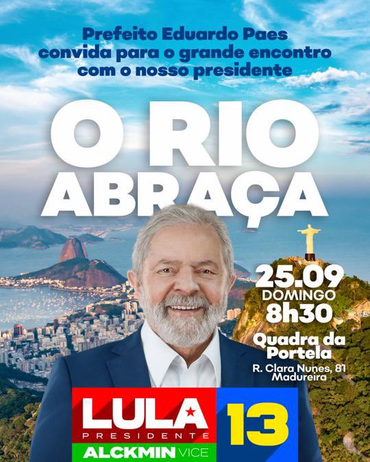 Bora fazer uma grande festa no próximo domingo em Madureira.  Evento é aberto.  Sem credencial ou pulseira.  É só chegar e participar dessa arrancada final com <a href="/LulaOficial/">Lula</a> e <a href="/AndreCeciliano/">André Ceciliano</a> !