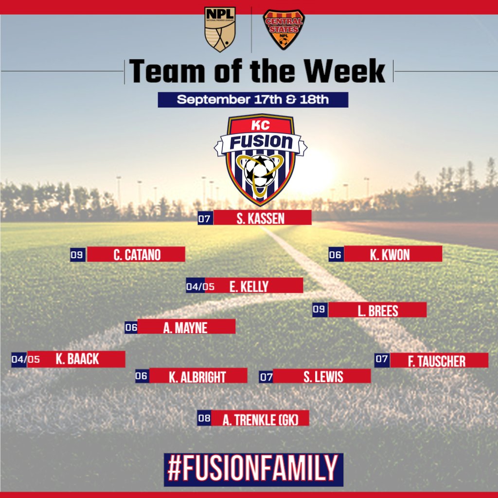 kcfusionsc's tweet photo. Great work to those on our @usclubsoccer NPL Team of the Week and also to those receiving Honorable Mention for their play last weekend. #FusionFamily #fallsoccer22 #NPL #CentralStates

HM - M. Stanley 09, W. Dehaven 08, J. Garrey 08, L. Lawrence 07 https://t.co/qhZvV3Hb9n