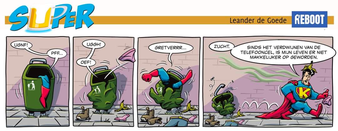 LeanderdeG's tweet photo. Elk voordeel heb z'n nadeel in de nieuwe SUPER. Lees meer bij @RebootComicsNL #SUPER #strips #vuilnisbak #telefooncel #vooruitgang #kenny #humor https://t.co/7I1UA1GjA8