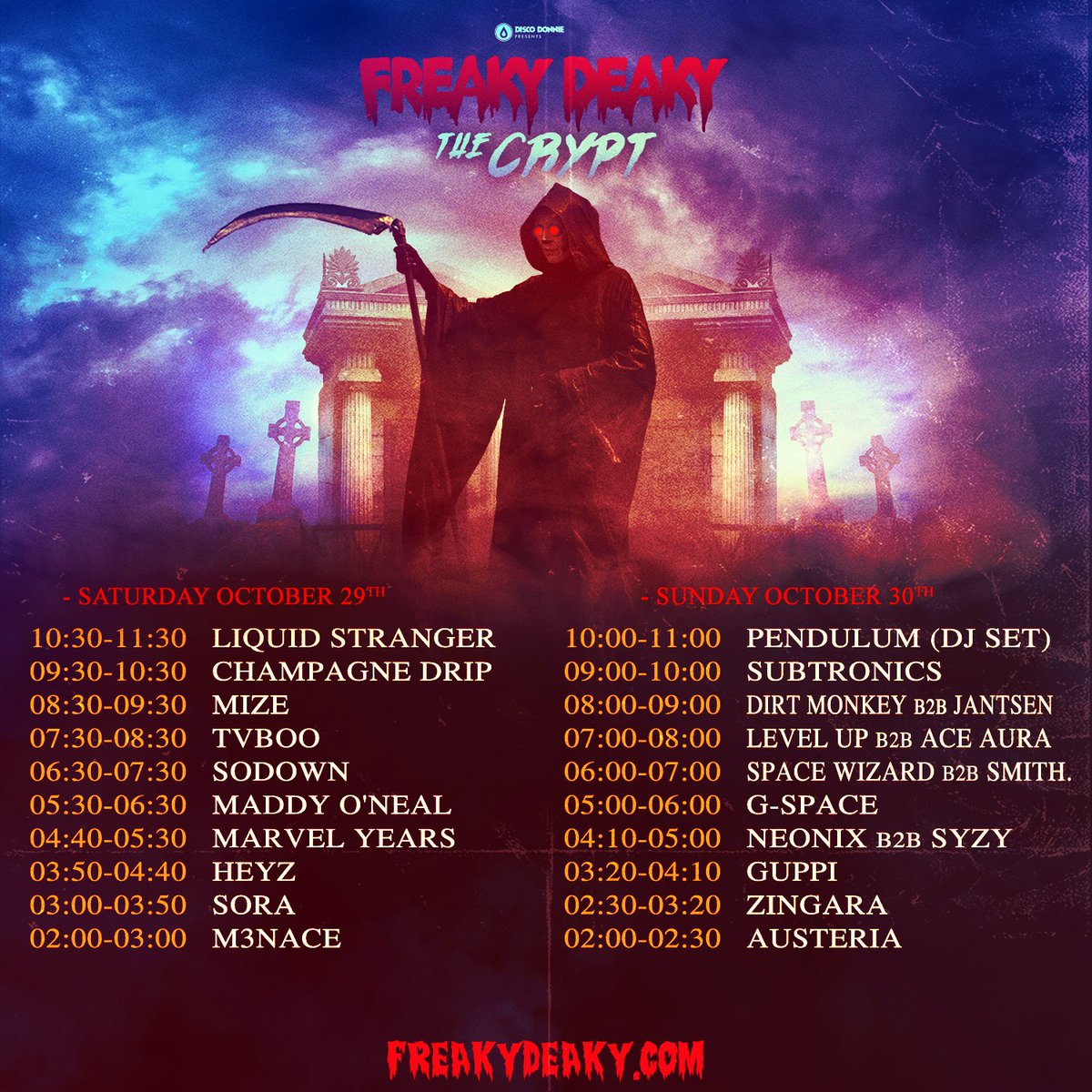 FreakyDeakyTX's tweet photo. ⚰️ THE CRYPT SET TIMES ⚰️

So many creepy, thrilling sets to catch... Truly a deadly lineup 🔪 

Secure your tix: https://t.co/gbSzHCF8df https://t.co/27Q5E10vTl
