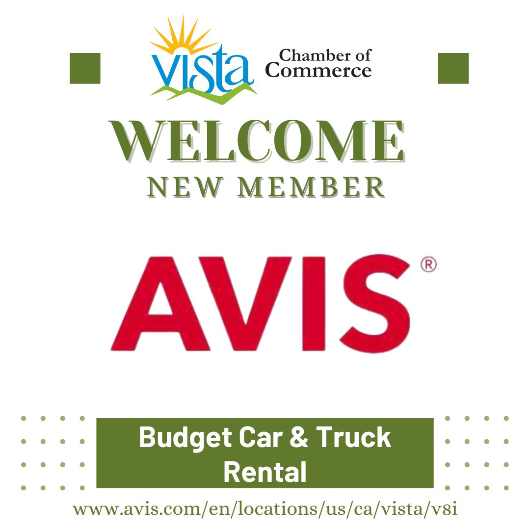 Welcome new Vista Chamber Member AVIS/Budget Car &amp; Truck Rental!

Looking to rent a car on your next vacation? AVIS has exactly what you'll need! Visit their website and take advantage of their current deals ow.ly/3qKp50KzjEN.