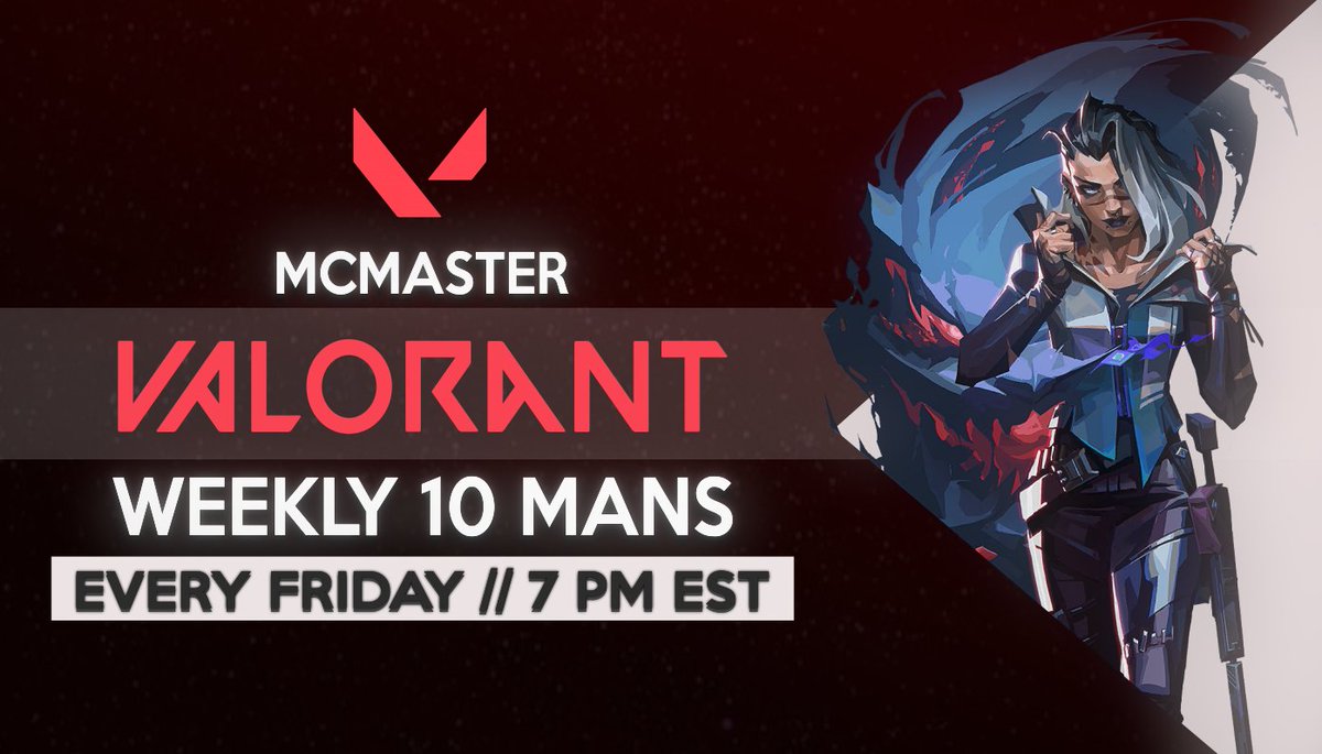 This Friday, Sept 23 at 7PM EST, Our Valorant team will be hosting our First 10 mans of the year. We will be creating multiple lobbies. this event is not limited to McMaster students, so your friends are welcome as well! Join the server and see you then! discord.gg/wgP2rpHtpg