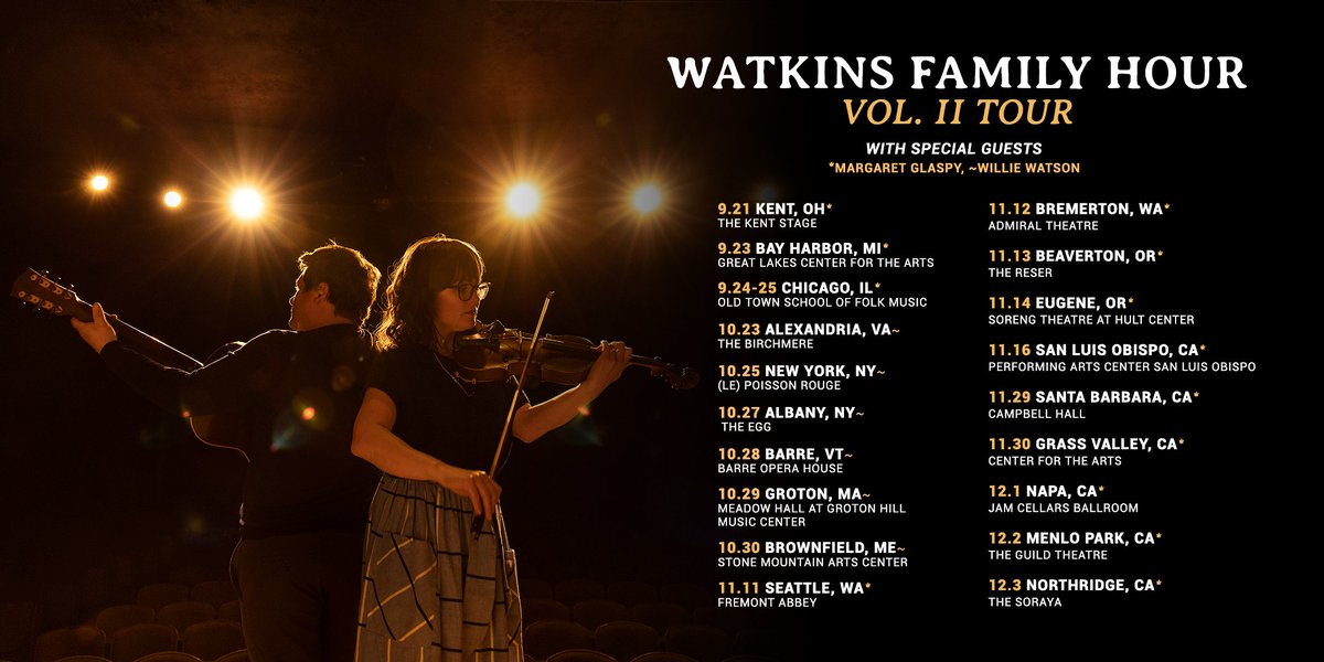 The Vol. II Tour has kicked off and we’re so pleased to announce @mglaspy as our special guest for the Nov and Dec shows as well! Grab your tickets here: watkinsfamilyhour.com/tour