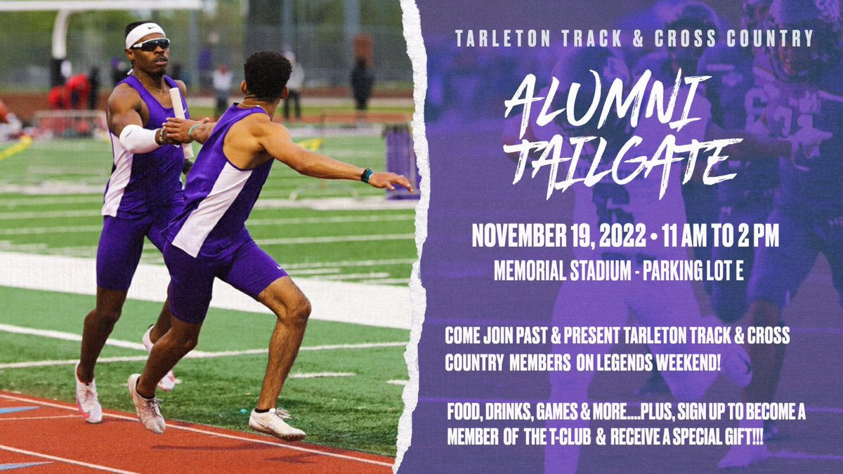 🚨<a href="/TarletonXCTrack/">Tarleton State XC & TF</a> alumni🚨     We are less than two months away from YOUR Alumni Tailgate…so excited to have you ALL back!! It’s going to be a legendary weekend! #legends #texannation #bleedpurple