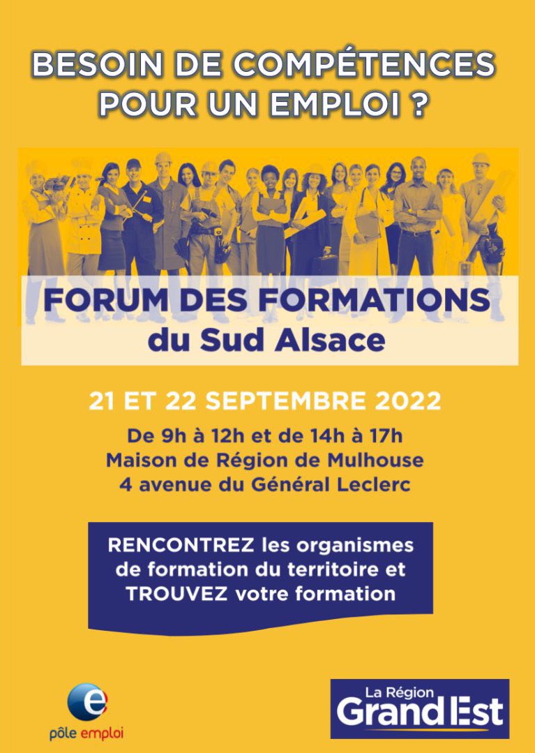 ✅ C’est demain! Venez retrouver les acteurs de la formation  de 9h à 12h et de 14h à 17h à la Maison de la <a href="/regiongrandest/">Région Grand Est</a> à #Mulhouse ! Les équipes de #poleemploi #tousmobilisés ‼️ C’est peut-être le début d’une nouvelle aventure ? Qui sait ? 👍<a href="/ValerieColella/">colella valerie</a>