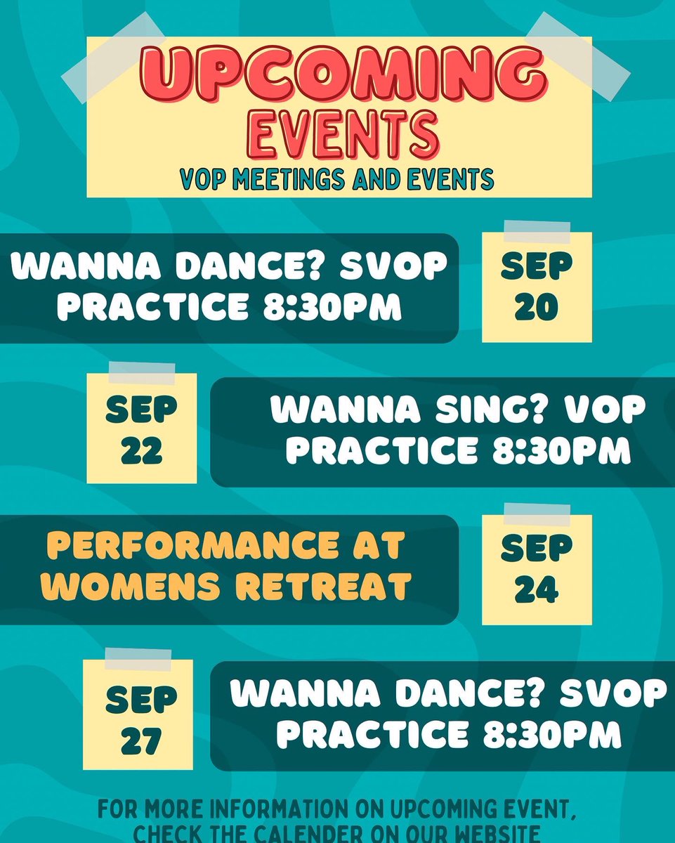 VOPTAMU's tweet photo. Hey VOP family! Here are some events that are coming up! Wanna sing? Wanna dance? Wanna play an instrument? Stop by sometime or DM us😊
See ya soon! Check out our website in the bio! #vop #voptamu https://t.co/hyisBwSK2z