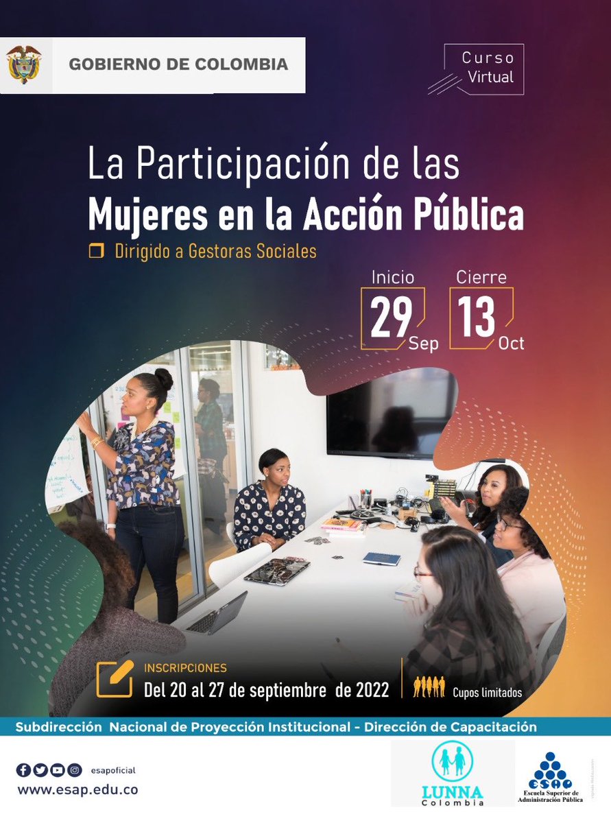 ¡No te quedes por fuera!

Te invitamos a inscribirte en el curso ‘Participación de las Mujeres en la Acción Pública’ 

Para gestoras sociales 

Ingresa a este link e inscríbete—> forms.gle/LmeTBhLero2zn5…
