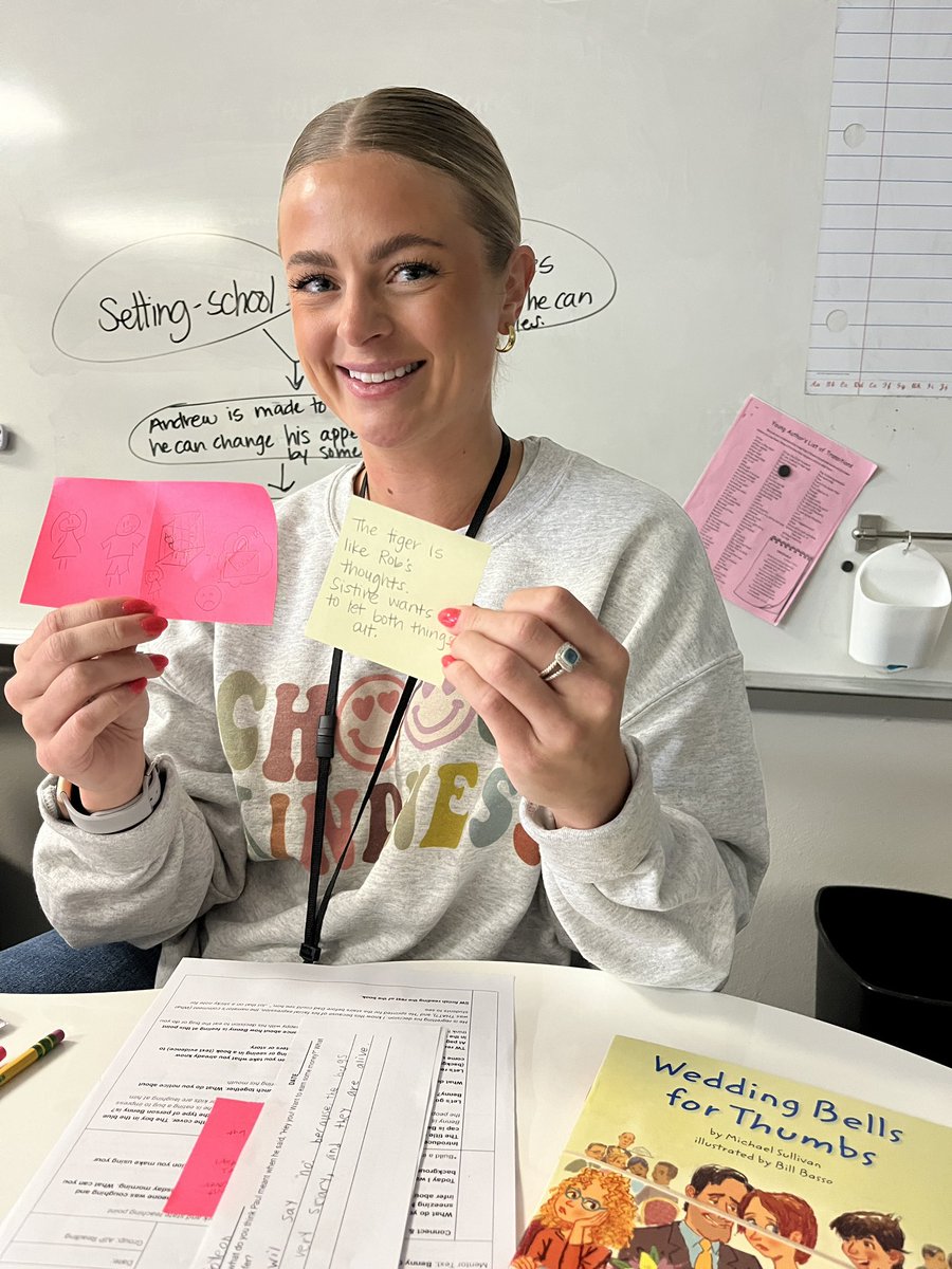 eagertolearnSoo's tweet photo. Ms. Hartman used her creative artistic side to support her EB with comprehensible input on inference. Her drawing of story elements on sticky notes are a great way to provide purposeful visuals for EBs in small group meetings!! Awesome idea, @HartmanCecily! @PinkElementary https://t.co/Oie7e9x562