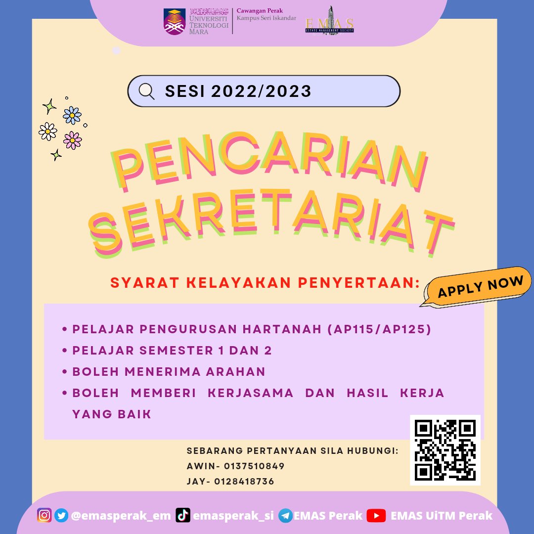 emasperak_em's tweet photo. PENCARIAN SEKRETARIAT SESI 2022/2023

🔸 EMAS Perak kini kembali dengan pencarian Sekretariat bagi Ahli Jawatankuasa 2022/2023

🔸 Pendaftaran dibuka melalui google form:

https://t.co/ShSzsa9GA8

🔸 Pendaftaran terbuka kepada semua pelajar Pengurusan Hartanah Semester 1 dan 2 https://t.co/um5hPTmWnq