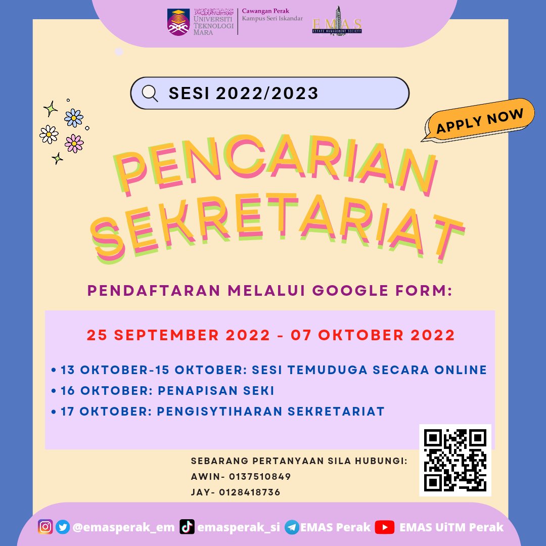 emasperak_em's tweet photo. PENCARIAN SEKRETARIAT SESI 2022/2023

🔸 EMAS Perak kini kembali dengan pencarian Sekretariat bagi Ahli Jawatankuasa 2022/2023

🔸 Pendaftaran dibuka melalui google form:

https://t.co/ShSzsa9GA8

🔸 Pendaftaran terbuka kepada semua pelajar Pengurusan Hartanah Semester 1 dan 2 https://t.co/um5hPTmWnq
