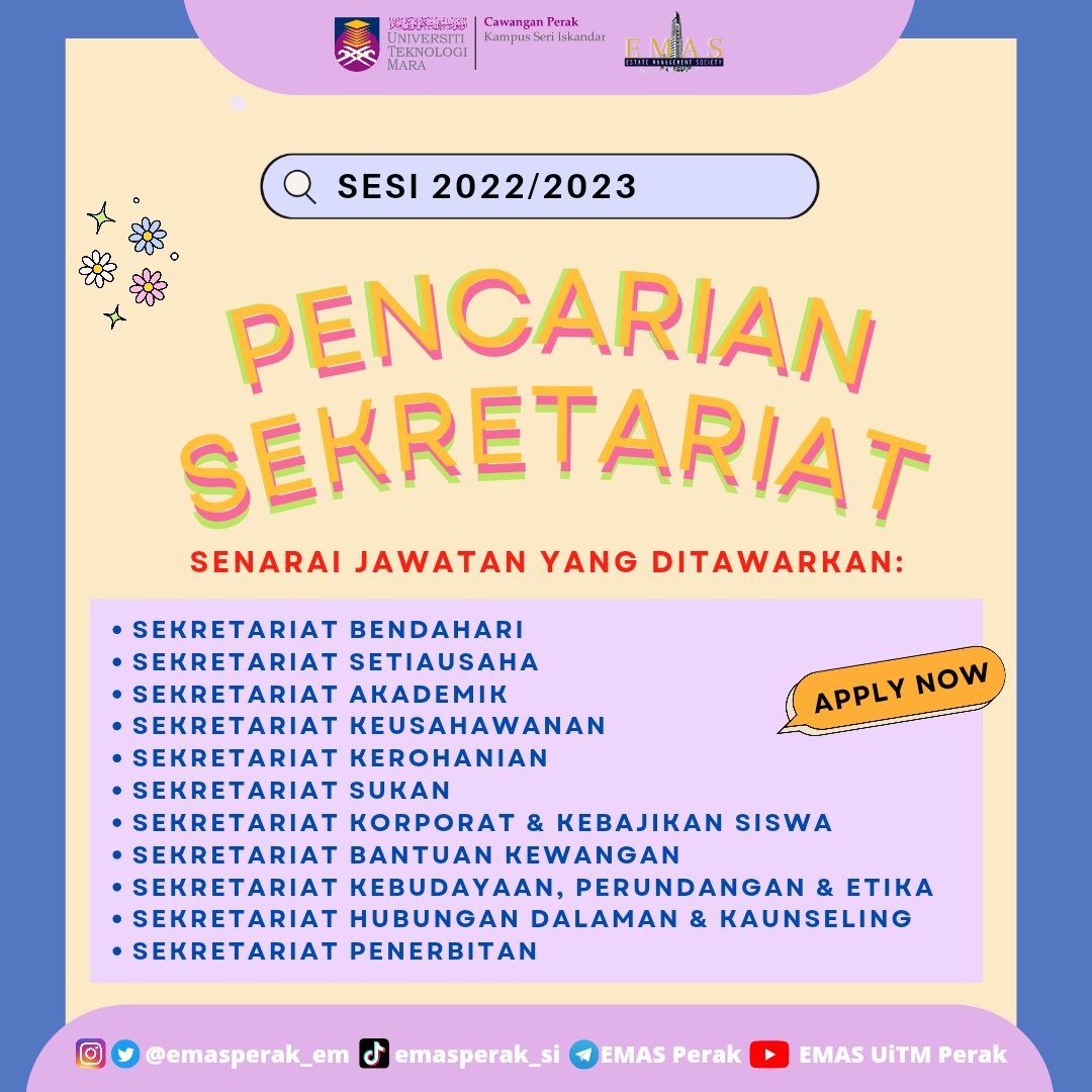 emasperak_em's tweet photo. PENCARIAN SEKRETARIAT SESI 2022/2023

🔸 EMAS Perak kini kembali dengan pencarian Sekretariat bagi Ahli Jawatankuasa 2022/2023

🔸 Pendaftaran dibuka melalui google form:

https://t.co/ShSzsa9GA8

🔸 Pendaftaran terbuka kepada semua pelajar Pengurusan Hartanah Semester 1 dan 2 https://t.co/um5hPTmWnq