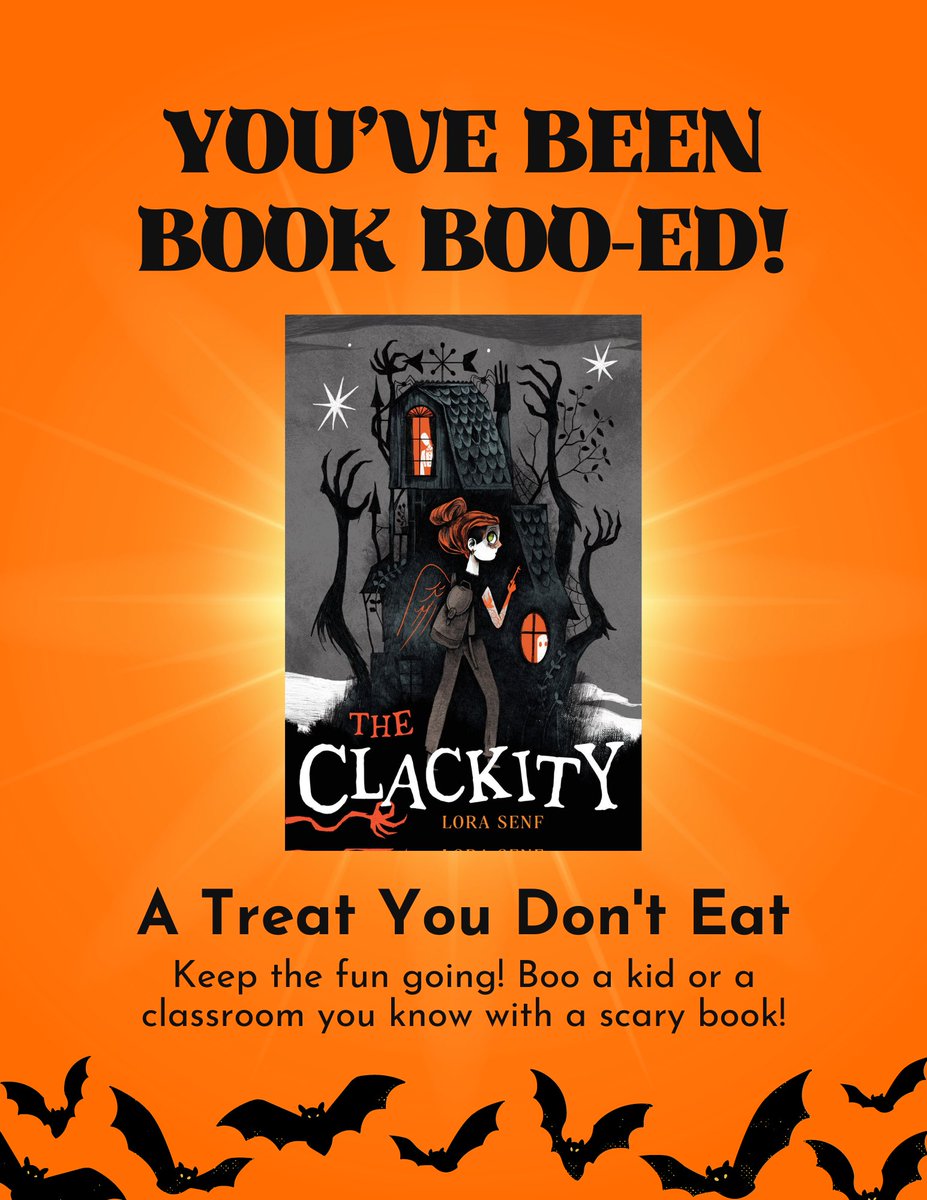 I'm BOOK BOOing 3 teachers or school librarians w/ <a href="/Lora013/">Lora Senf</a>'s THE CLACKITY. To participate, retweet &amp; reply below with why your kids🖤scary stories! Drawing 10/5. <a href="/SimonKIDS/">Simon Kids</a> 
#teachermail #booksforkids #edchat #middleschool #MG #engchat #ntchat #classroomlibrary #halloween #books