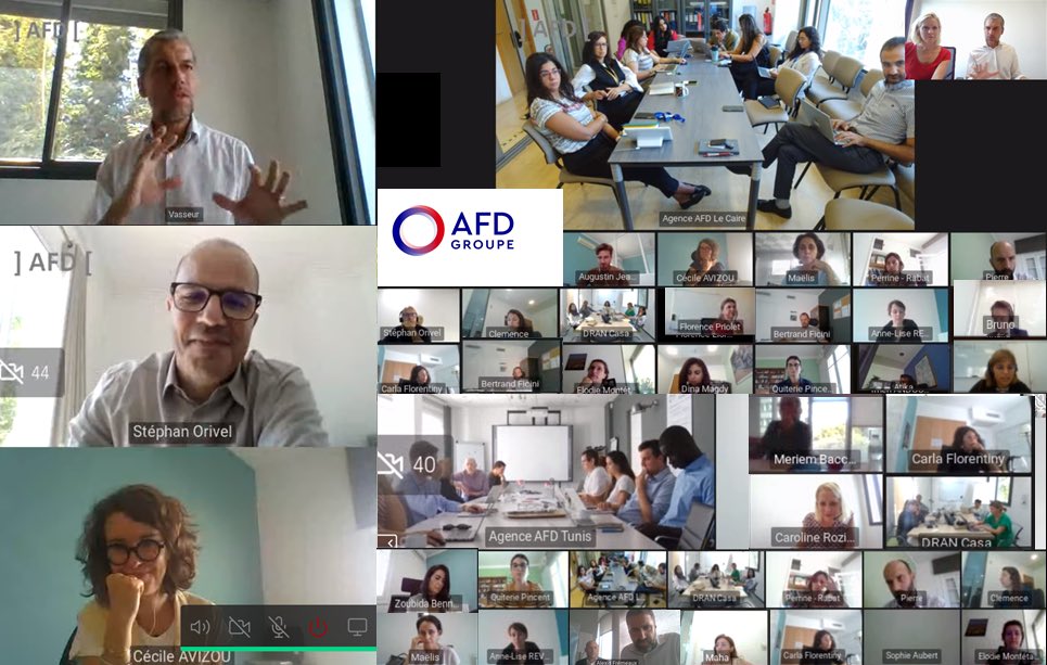 carozieres's tweet photo. Séminaire de la DR Afrique du Nord de l’@AFD_France en format groupe avec @expertisefrance et @Proparco: +8️⃣0️⃣ collègues connectés pdt 2 jours depuis Alger, Rabat, Casa, Tunis, Le Caire &amp; Paris pour échanger sur notre activité, renforcer notre collectif régional, et s’inspirer 🚀 https://t.co/a2UAP2Ul4D