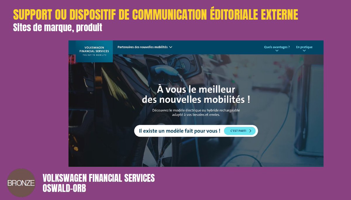 Strategies's tweet photo. GP Stratégies de la Communication Editoriale 2022 – Support ou dispositif de com éditoriale externe / Site de marque, produit : un BRONZE pour @vw_france Financial services et @oswald_orb pour  « Nouvelles Mobilités par Volkswagen Financial Services ». Bravo à eux !
#gpstrat https://t.co/739J88ptyk