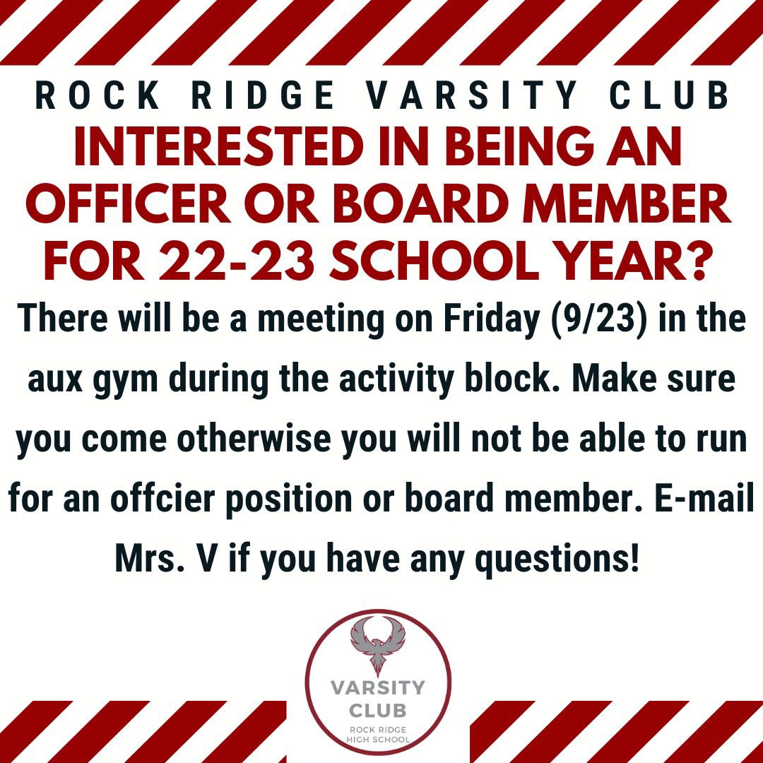 rrhs_varsity's tweet photo. Interested in becoming an officer or a board member for this school year? 

Varsity club will have a meeting on Fri (9/23) during activity block for anyone who is interested in running for an officer position/board member. You need to attend this meeting in order to run. https://t.co/TJh26ZHMEg