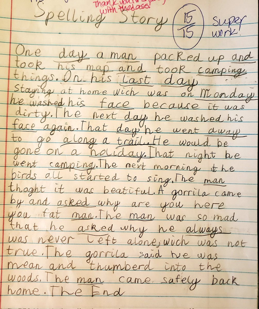 flutefemme's tweet photo. I cannot stop laughing at my daughter's (she's 8) short story for school using spelling words. She is so funny and creative! #writing #kidwriting #rudegorillas #thumberingismynewfavepretendword https://t.co/7Ug6bp8qBd