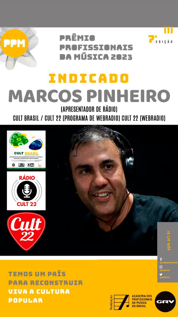 cult22's tweet photo. O jornalista Marcos Pinheiro, os programas @cult22 e Cult Brasil e a Rádio Cult 22 estão concorrendo ao @premiopm. Acesse https://t.co/tA6pmtRq7h, faça o CADASTRO, clique em VOTAÇÃO, escolha o tema CONVERGÊNCIA e as categorias PROGRAMA DE WEBRADIO, WEBRADIO e APRESENTADOR e vote! https://t.co/55yMglHpWJ